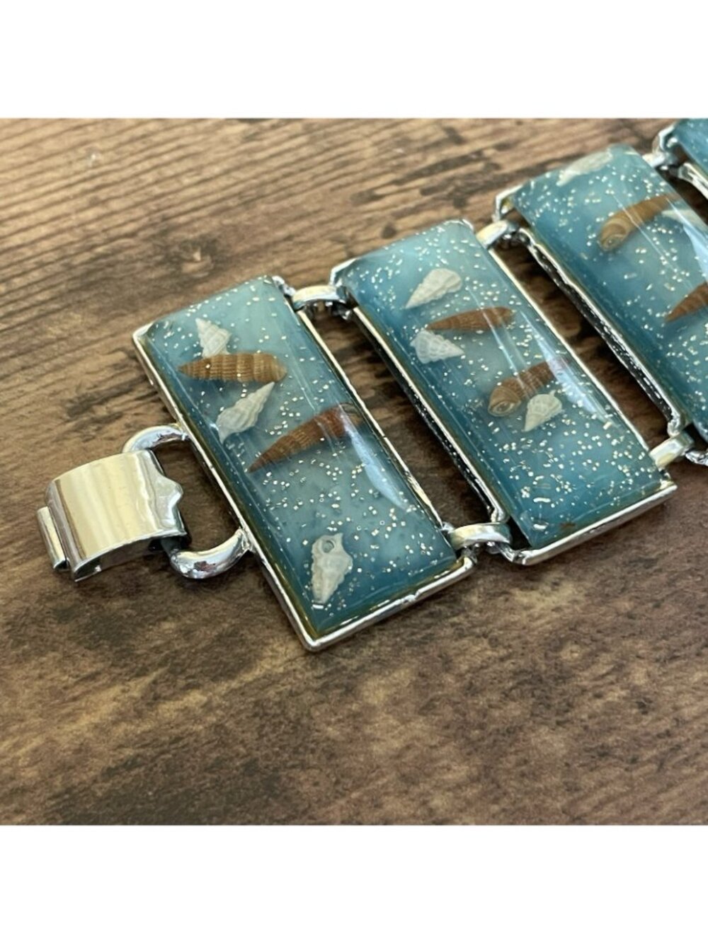 Vintage 1950s Panel Bracelet Blue Confetti Lucite Seashells Silver Tone Wide - Picture 7 of 16